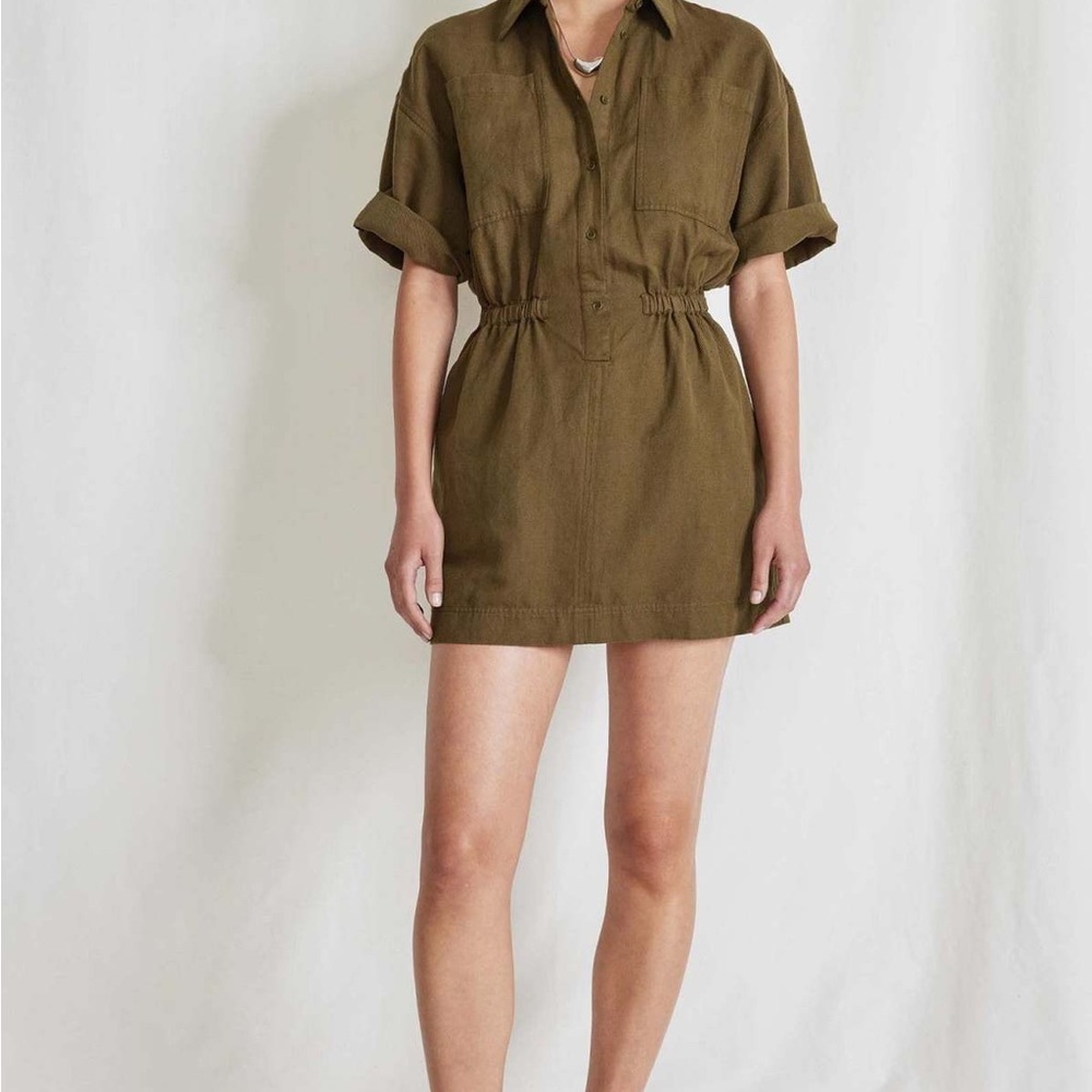 Apiece Apart Khaki Short Sleeve Mini Dress linen cotton. Size S small